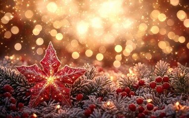 A serene snowy landscape featuring a vibrant red leaf and bright red berries in the foreground.