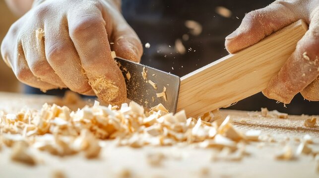 Carpenter using a chisel to refine wood joints on a furniture project. Featuring precision and craftsmanship