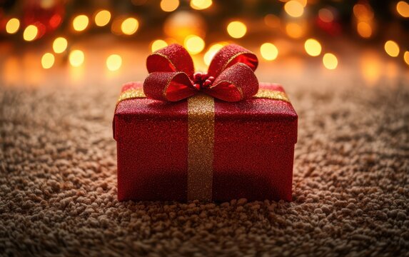 Wrapped gift box with a red bow sits elegantly on a textured carpet. - Powered by Adobe