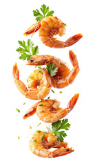 flying grilled shrimp isolated on transparent white background, clipping path