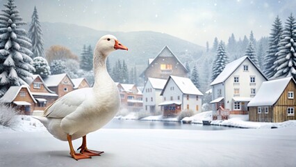 Macro Winter Goose Photography: White Goose Close-up, Village Snow, Feathered Details, Bird Wildlife, Rural Scene