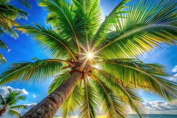 Stunning Palm Tree Low Angle View, High Depth of Field Photography, Tropical Paradise, Island Vacation, Exotic Plants