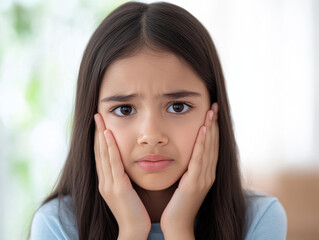 Close-up of a girl pressing her cheeks with both hands, showing discomfort and pain, possibly due to a toothache or dental issue.