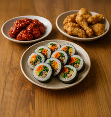 Feast of korean style fried chicken with sauce, Kimbap rolls and pickled radish on wooden tableGenerated image