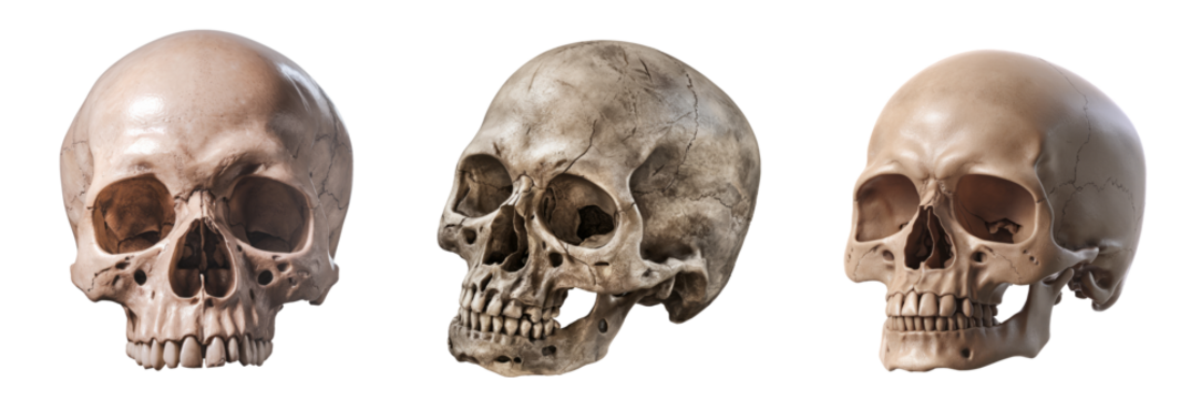 three human skulls isolated on white background