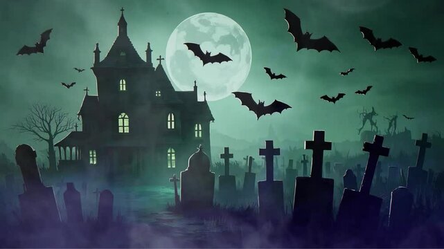 halloween background with haunted house  halloween background very scary halloween moon night spooky bats and scary home night wich ghosts scary pumpkins over dark scary 4k video