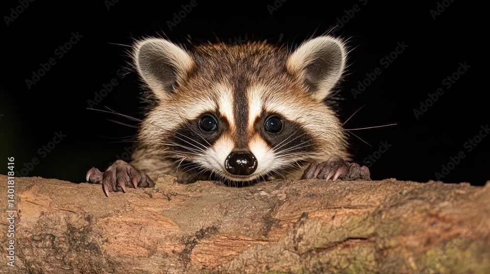 Poster Close up of an animal with visible fur texture, perched on a tree branch with a dark background. The animal's distinctive facial markings and paws are clearly visible in a nocturnal environment