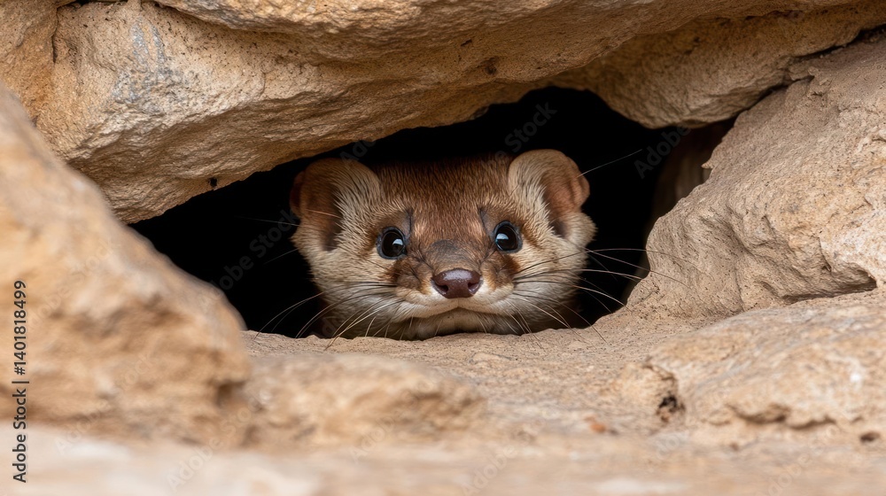 Poster a close-up captures a stoat peering out from a small cave entrance. the stoat's face is in focus, su