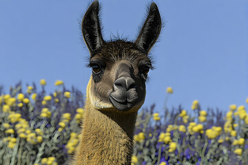 Obraz premium Close-up portrait of a llama against a backdrop of yellow and purple wildflowers under a clear blue sky.