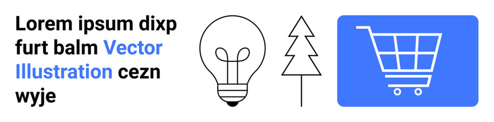 Light bulb, tree symbol, and shopping cart icon representing ideas, sustainability, and commerce in minimalist style. Ideal for branding, innovation, ecommerce, sustainability design modern web