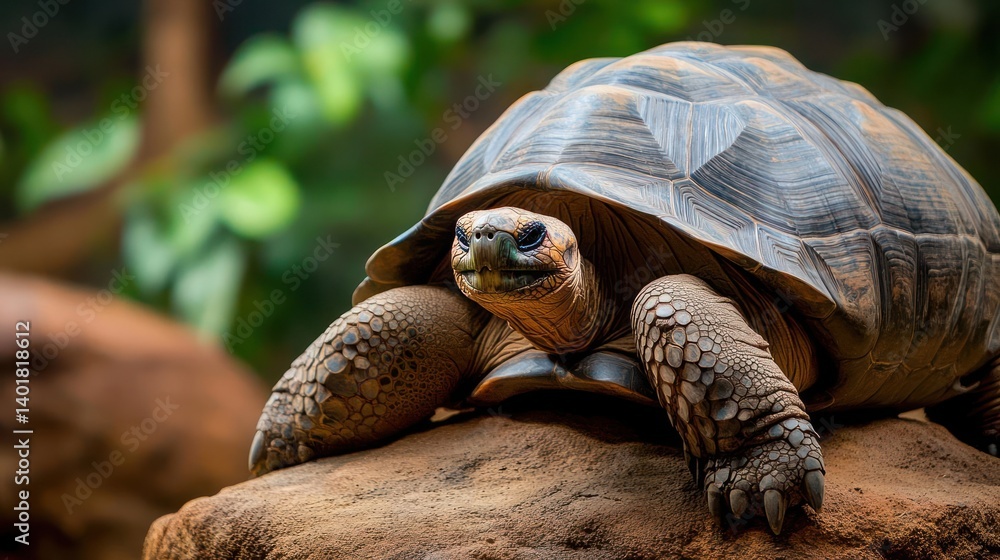 Aufkleber a captivating close-up showcases a galapagos tortoise with its dark, textured shell resting on a tex