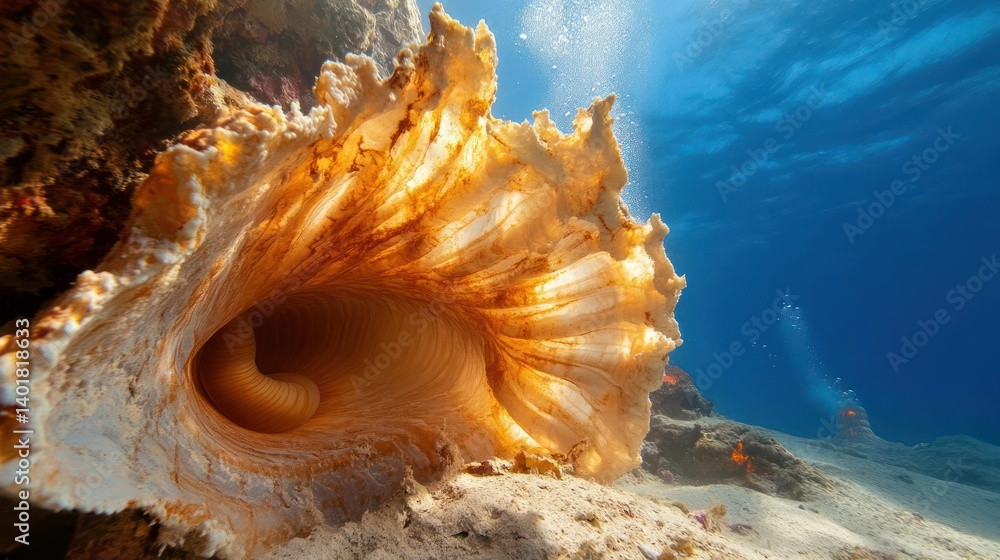 Poster underwater image showcases a large, ornate seashell resting on the sandy ocean floor, with sunlight 