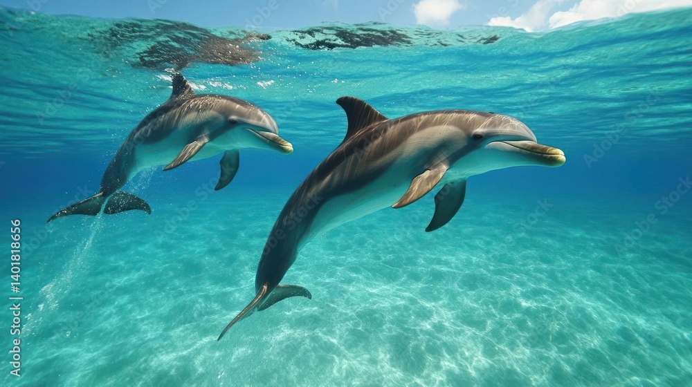Aufkleber image features two dolphins swimming in crystal clear turquoise water, with sunlight creating a shim