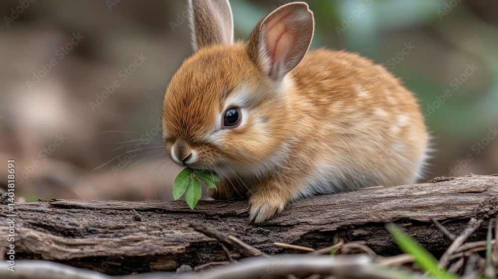 Poster close-up of a baby brown rabbit perched on a log outdoors, nibbling a green leaf with blurred bokeh 