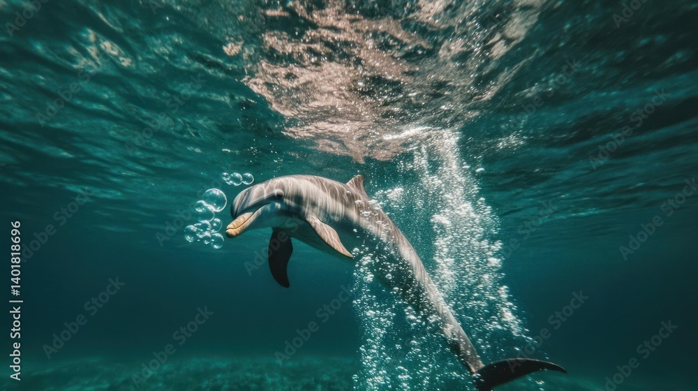 Poster underwater shot of a dolphin swimming with bubbles rising towards the surface. the aquatic environme