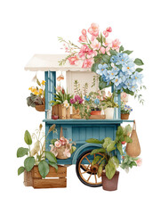 Flower cart with vibrant blooms on isolated background.