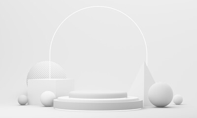 Clean white stage with abstract shapes and arch, made for high-end cosmetic or wellness product presentation. 3d rendering.
