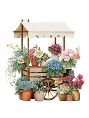 Flower cart with vibrant blooms, white isolate background