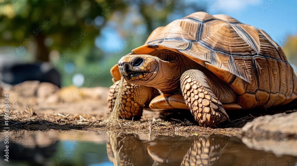 Poster close up of an african spurred tortoise resting near a pond with a natural background. the tortoise 