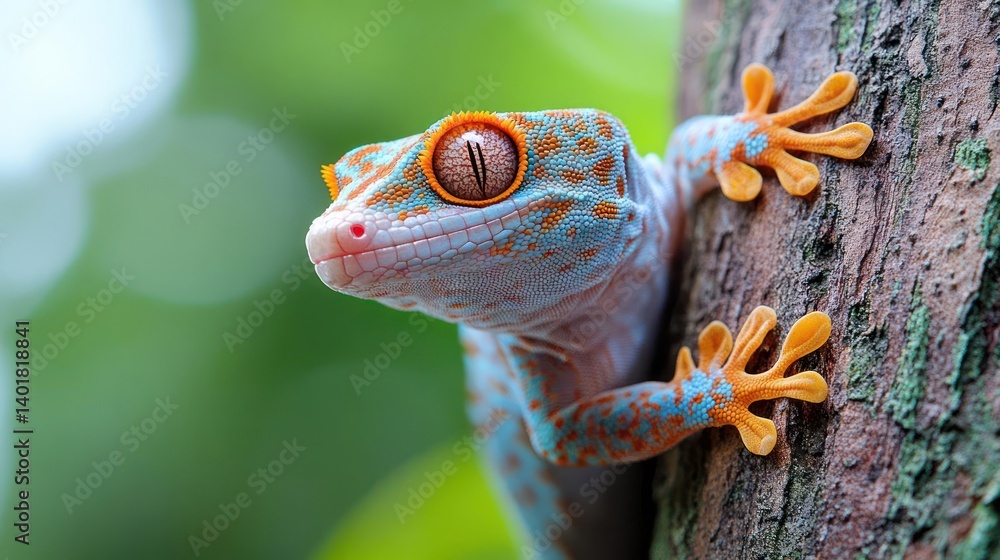 Poster close-up shot of a colorful gecko clinging to a tree trunk with a blurry green background. the gecko