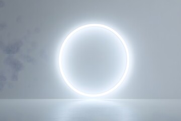 3D render of a white glowing circle on an empty background, with white light and a white neon ring. The lighting is smooth, and the textures are also smooth, 