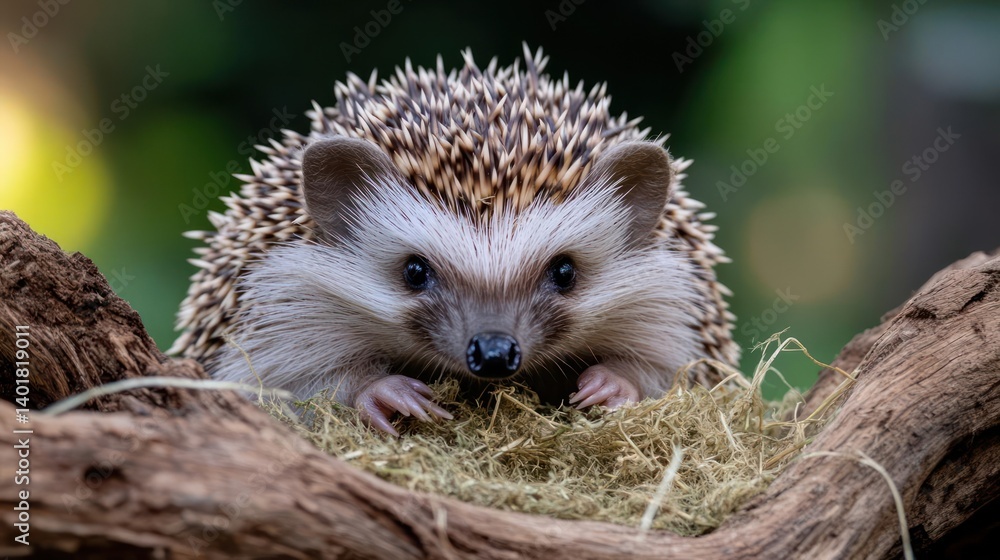 Aufkleber a close-up shows a hedgehog with brown and white quills perched on a branch surrounded by dry moss. 