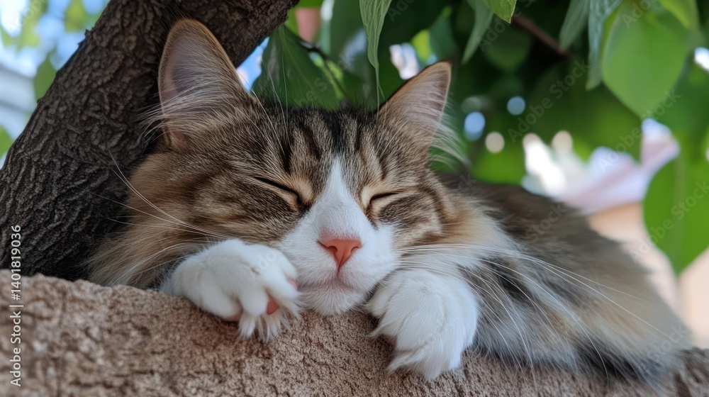 Poster close-up shot of a tabby cat with white paws sleeping peacefully on a tree branch with green leaves 