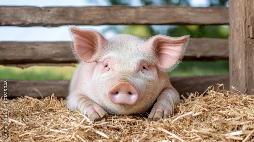 Poster close up of a pink piglet lying on straw within a rustic wooden enclosure. the piglet's face is prom