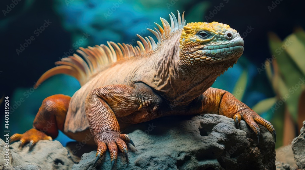 Aufkleber close-up of a colorful galapagos land iguana resting on a rocky surface. the iguana is brown with pa