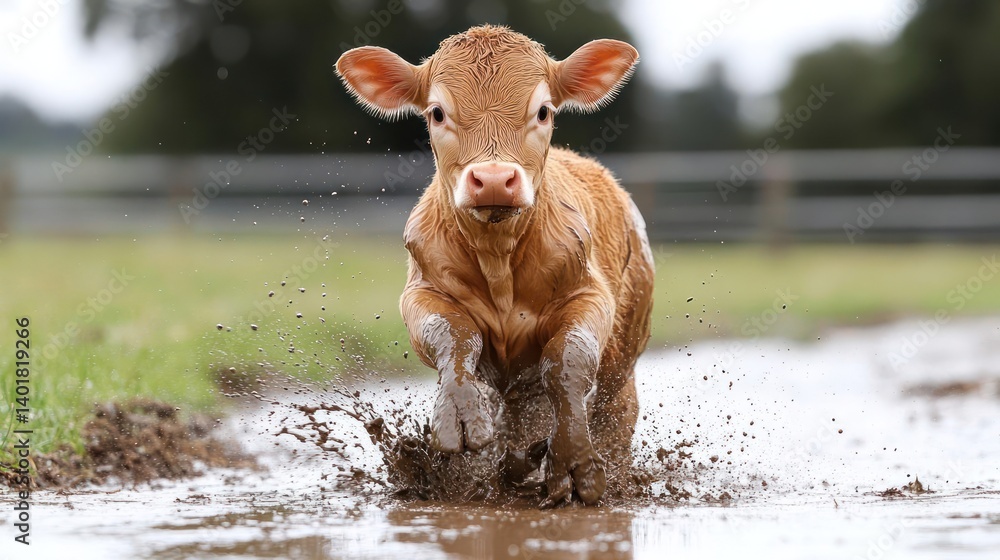 Poster a light brown calf runs through a muddy puddle, splashing water. the animal is centered, and the bac