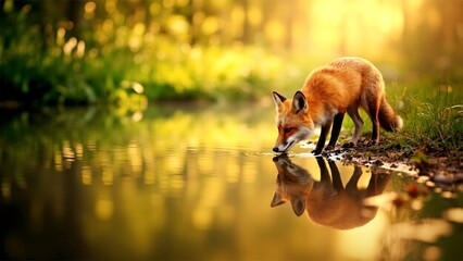 Beautiful red fox standing on a few stones over the water surface. Very focused on its prey. Pure natural wildlife photo. Ready to hunt.