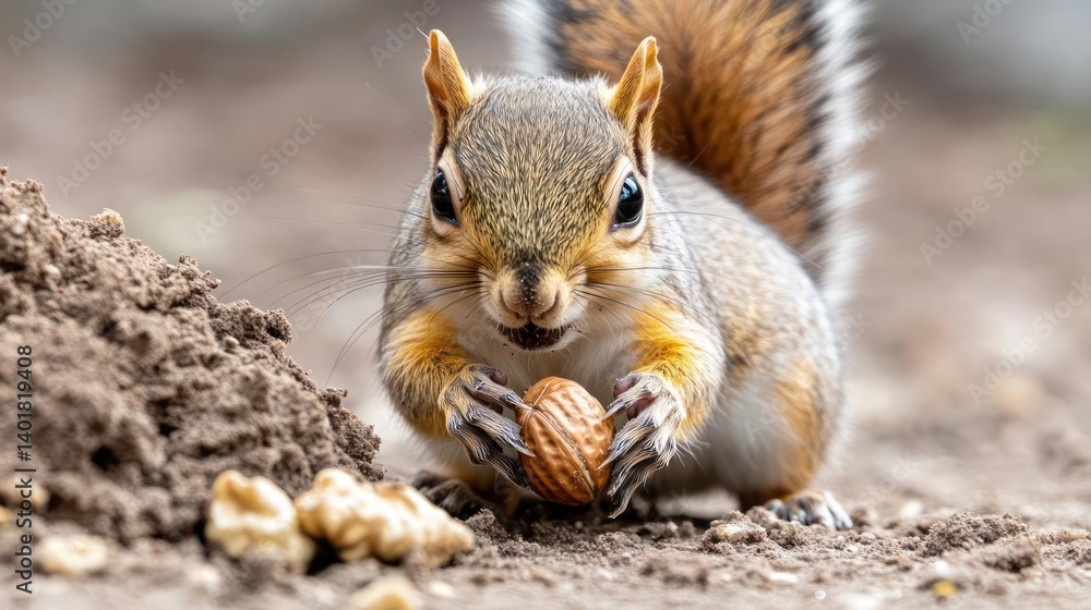 Poster close-up shot of a squirrel with gray and brown fur holding an almond. the squirrel's face and detai