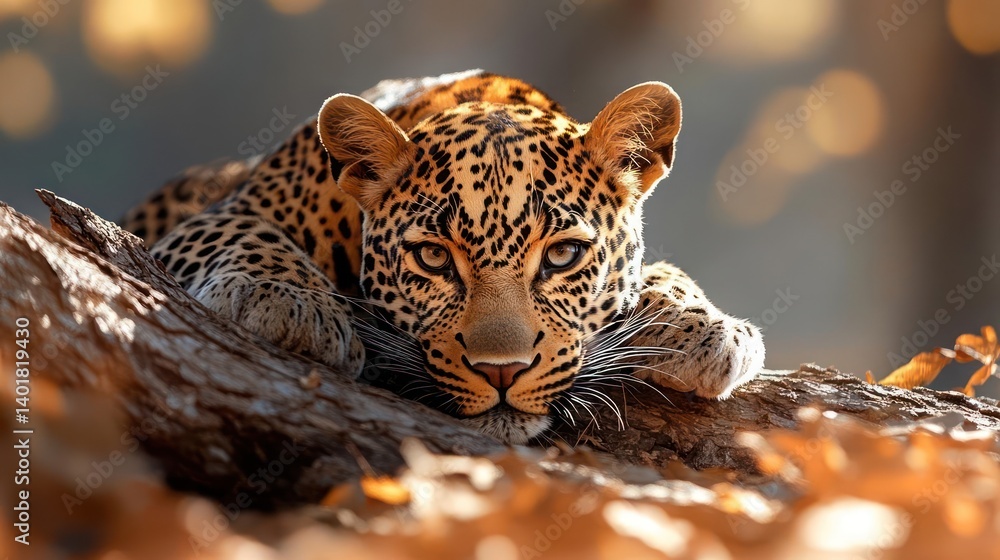 Aufkleber Captivating close up view of a leopard resting on a tree branch with blurred bokeh background. Warm lighting highlights the leopard's spotted coat and serene expression in its eyes. Focus on the