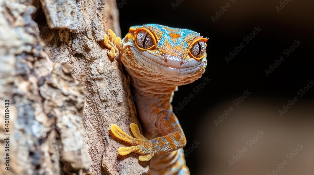 Poster a vibrant gecko clings to textured bark, showcasing orange and blue patterns. the macro shot highlig