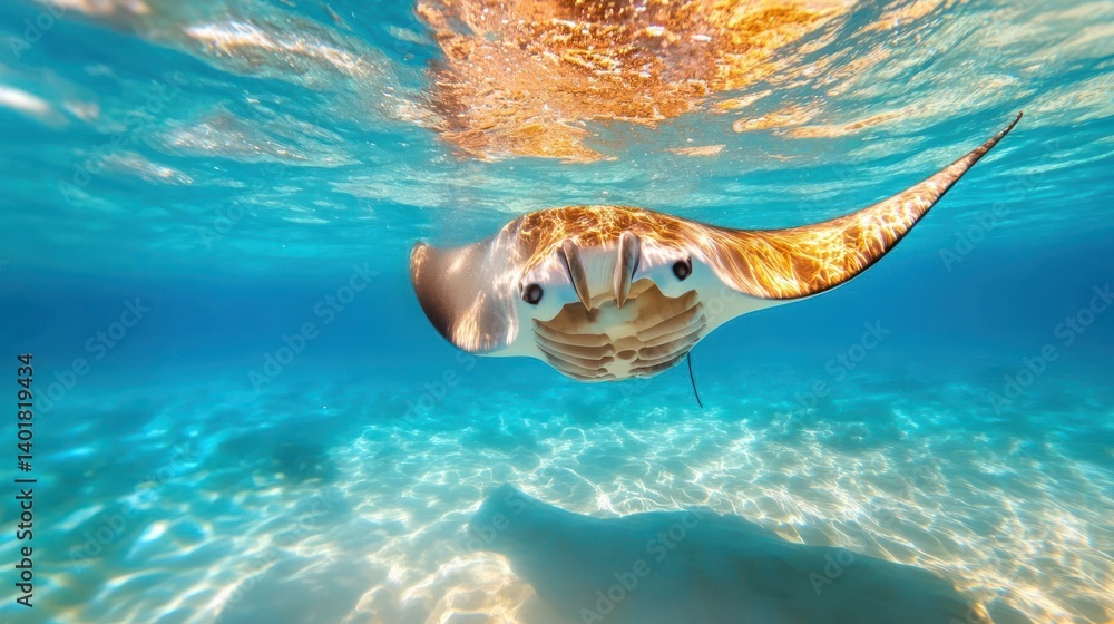 Aufkleber underwater shot of a stingray gliding over a sandy seabed in clear turquoise water. light glimmers o