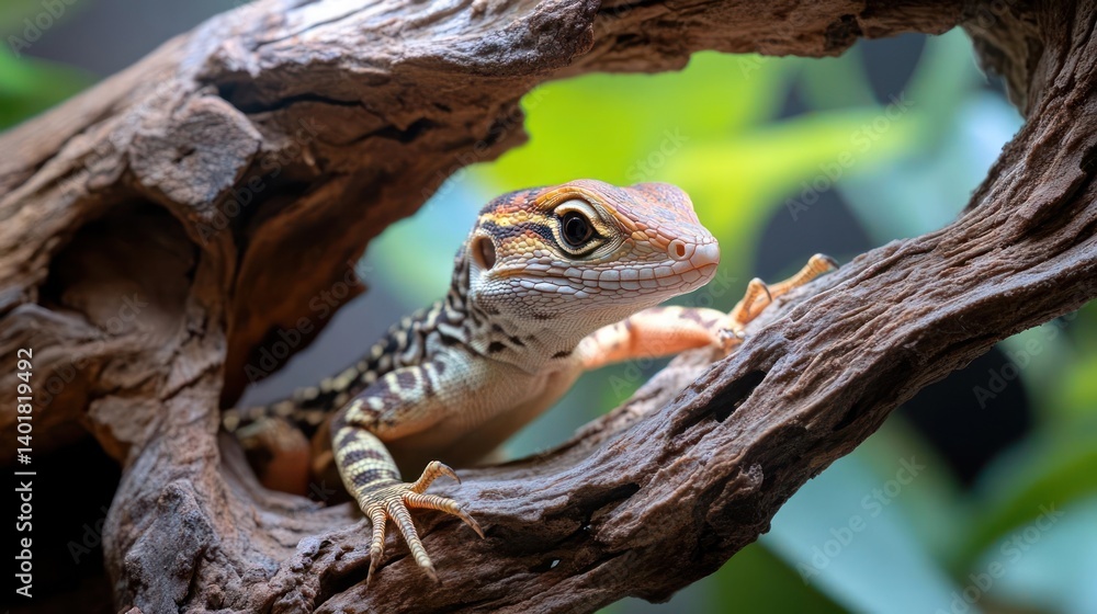 Poster close-up shot of a small brown lizard with patterned scales, crawling through a hollowed-out branch,