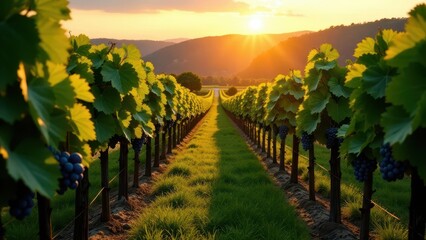 Fototapeta premium Golden Hour Vineyard Rows Lush Green Vines, Ripe Grapes, and a Sunset Path