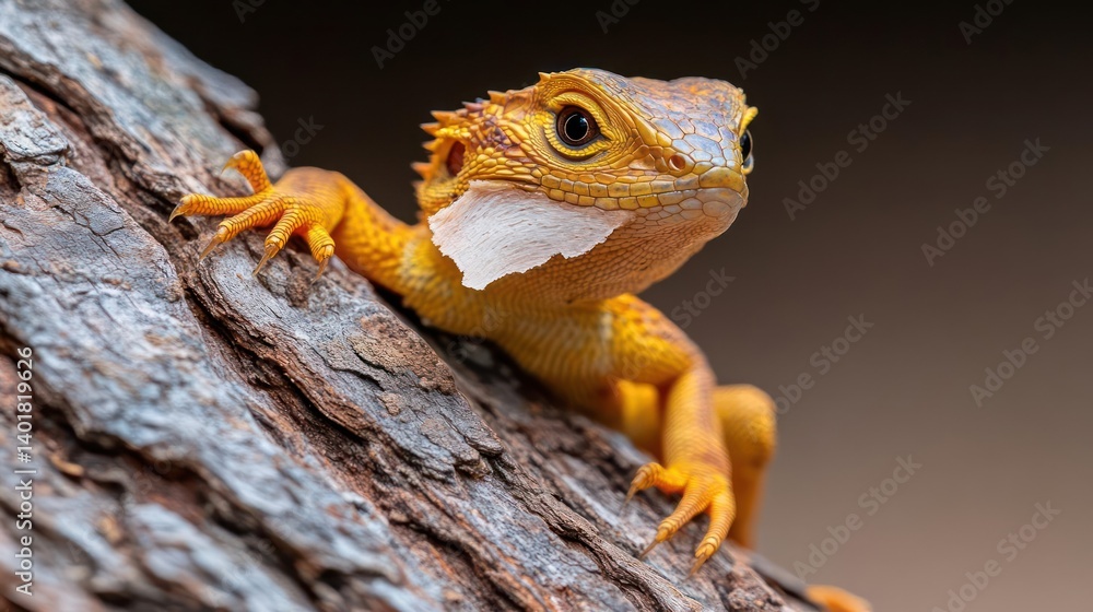 Aufkleber close up shot of an orange dragon lizard climbing on a weathered tree branch with textured bark agai