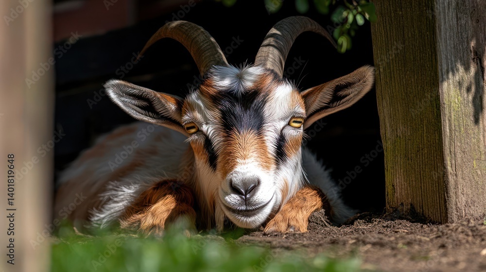 Poster close-up shot of a goat with a distinctive white, brown, and black coat resting in the shade of a wo