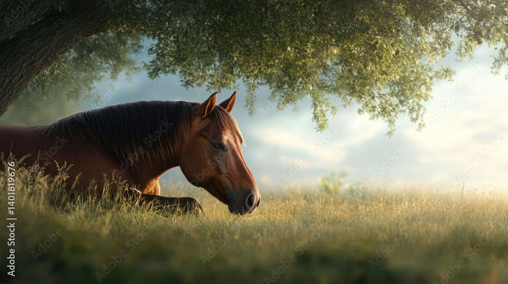 Leinwandbilder a brown horse rests in a grassy field under a tree with a glowing backlight. the early morning scene