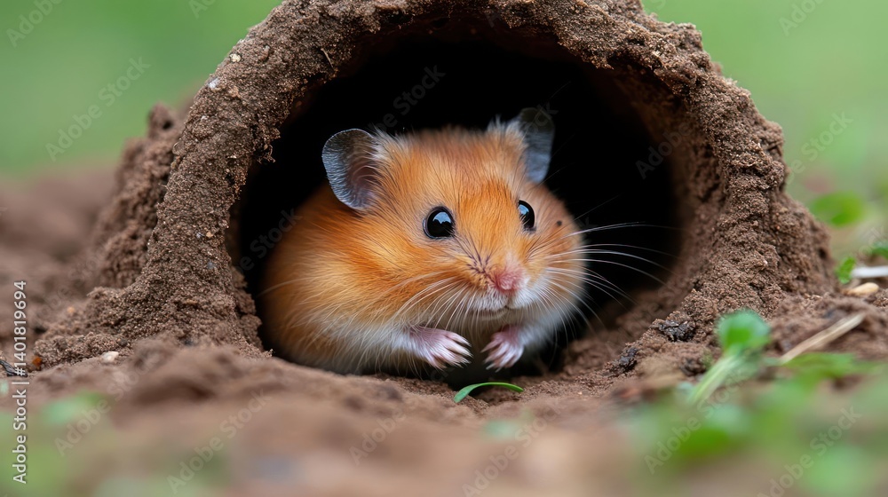 Poster close-up shot of a tiny, golden-brown hamster emerging from a burrow, with a backdrop of green grass