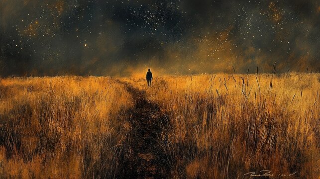 A lone figure walking along an open field path, the starry night sky above, creating a sense of solitude and introspection