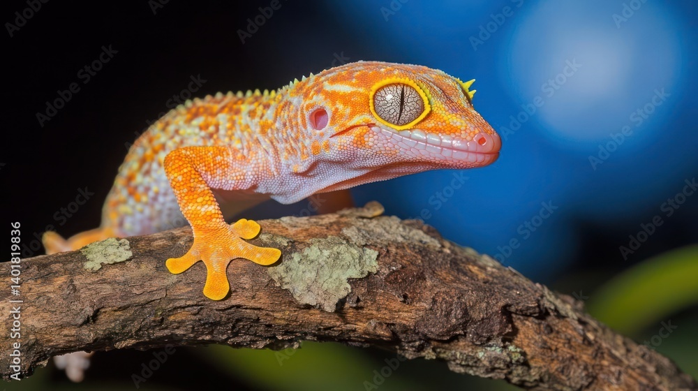 Poster close up shot of an orange gecko with yellow eyes sitting on a branch. the background is blurred and
