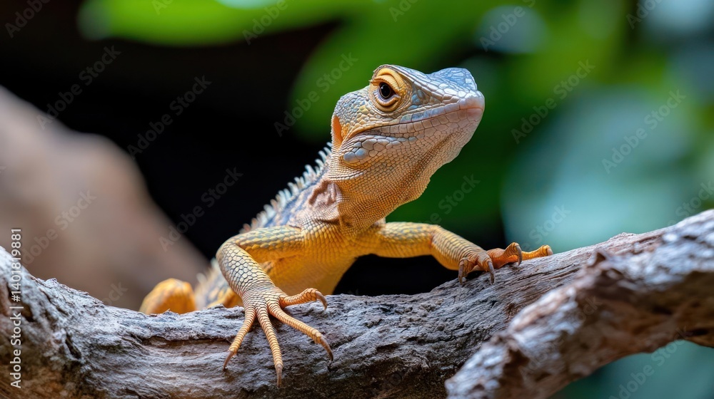 Poster close-up shot of an orange and blue lizard perched on a tree branch against a dark, blurred backgrou