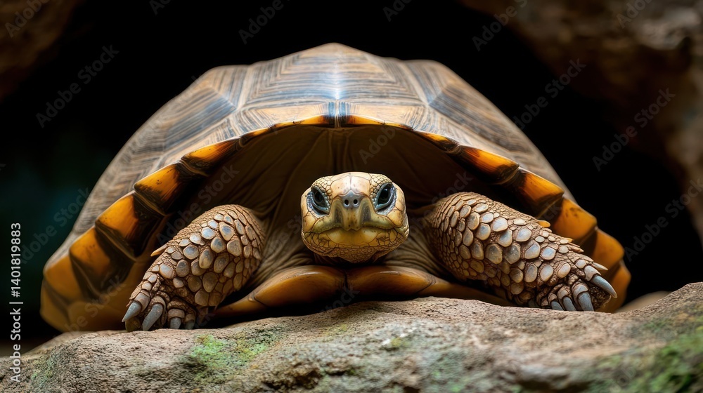 Aufkleber Close-up of a radiated tortoise with a patterned shell and wrinkled skin, resting on a textured surface against a dark background. The tortoise's head is centered and facing forward with a shallow
