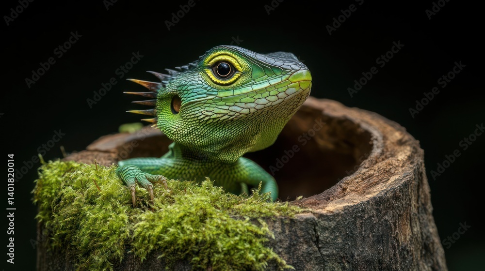Poster close-up shot of a vibrant green reptile nestled in a hollowed tree trunk covered in green moss. the