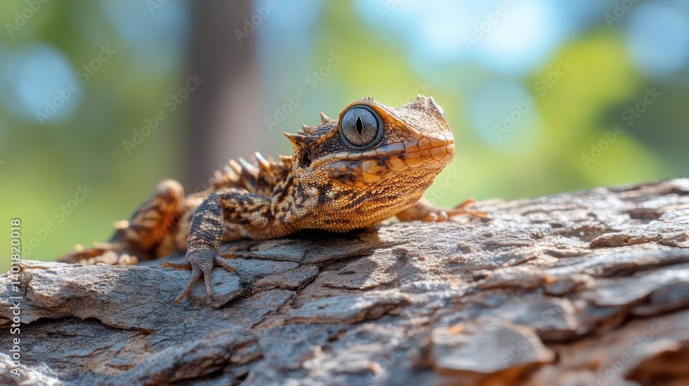 Poster close up captures the intricate details of a brown lizard resting on rough bark with a blurred folia