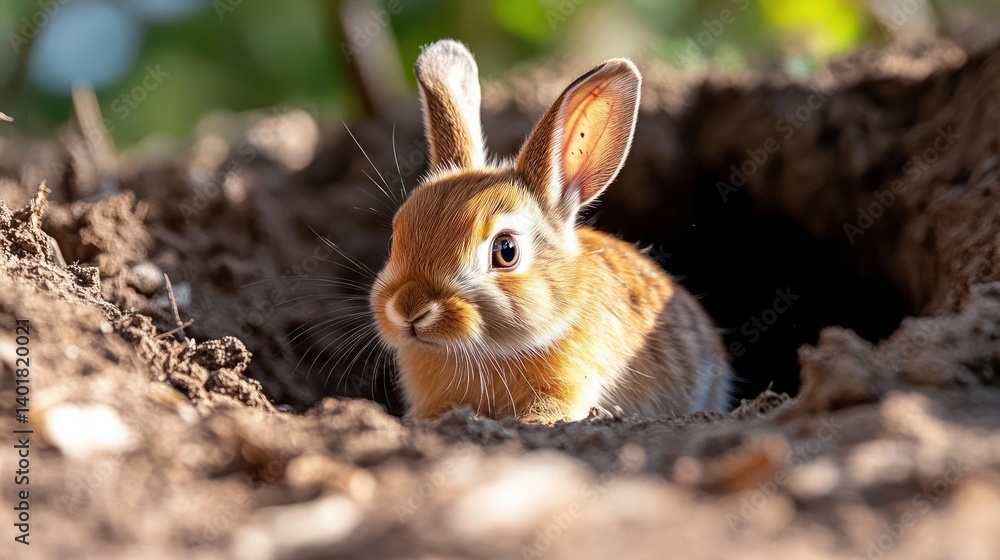 Poster a close-up captures a light brown rabbit emerging from its burrow, with blurred green foliage in the