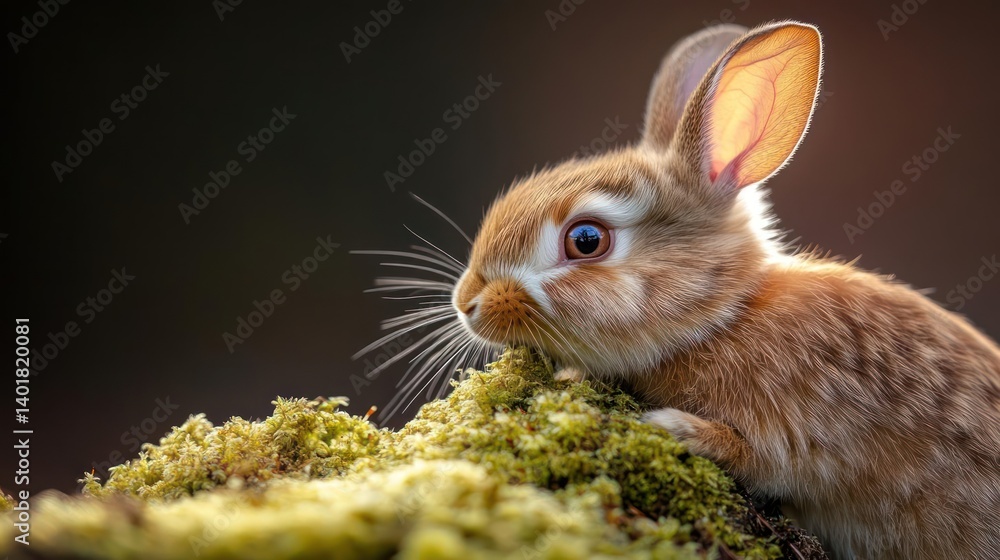 Poster Close-up captures a rabbit resting on vibrant green moss against a blurred brown backdrop, highlighting its brown fur and detailed features in soft light. The image focuses on the rabbit's profile
