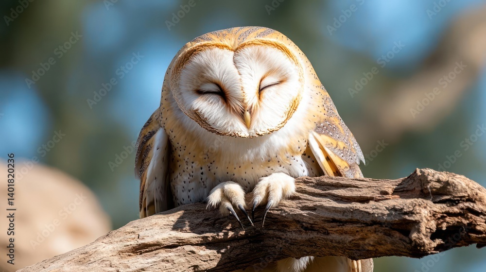 Aufkleber portrait of a barn owl perched on a branch against a blurred background. the owl has distinctive hea